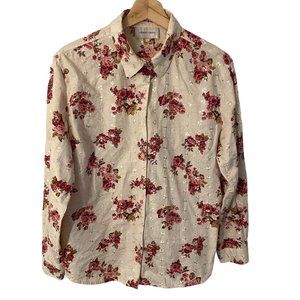 Lemon Grass Floral Roses Embroidered Eyelet Long Sleeve Shirt Women L Beige